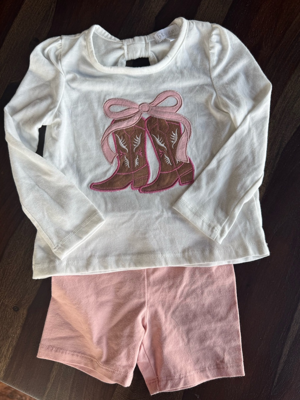 Girls White Long Sleeve Top with Pink & Brown Boot Applique